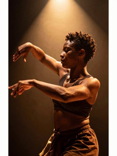 Dramatic side-lit portrait of Afro-Brazilian dancer Lú Silva, dynamic motion blur, warm golden spotlight, hands expressive, 35mm film
