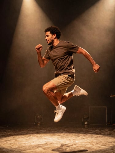 Dynamic action shot of Lú Silva in mid-motion, warm editorial photography, dramatic stage spotlighting, rich earthy and golden tones, dynamic motion blur, 35mm film