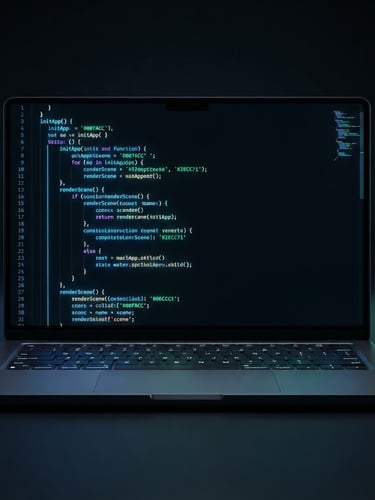 Sleek dark-themed device mockup displaying a clean code editor with vibrant neon blue and green syntax highlighting, ultra-minimalist 3D render, high-contrast studio lighting