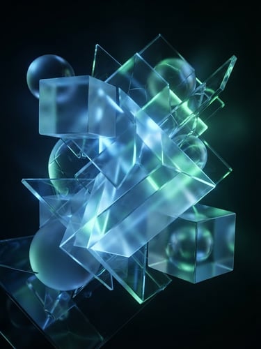 Sleek 3D render of abstract glassmorphic geometry, neon blue and green ambient light, ultra-minimalist dark backdrop.