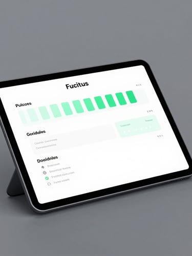 Sleek 3D render of a dark-themed tablet mockup displaying a clean brand guidelines page, neon blue ambient glow.