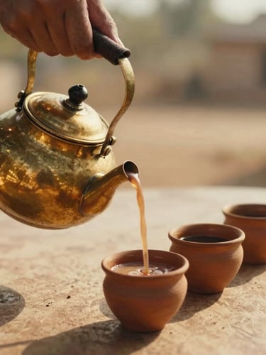 Candid close-up of hands pouring spiced chai from a brass kettle into small clay cups, warm golden-hour light, soft shadows, 35mm film aesthetic