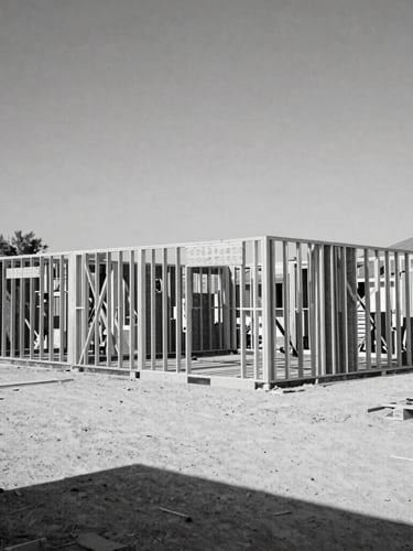 Wide-angle gritty editorial shot of a Houston residential renovation site under harsh midday Texas sun, exposed framing, high-contrast desaturated tones.