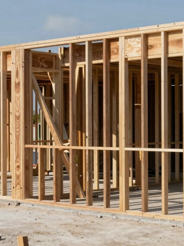 Gritty editorial photo of a Houston residential renovation site in harsh midday Texas sunlight, exposed timber framing, concrete dust, 35mm lens