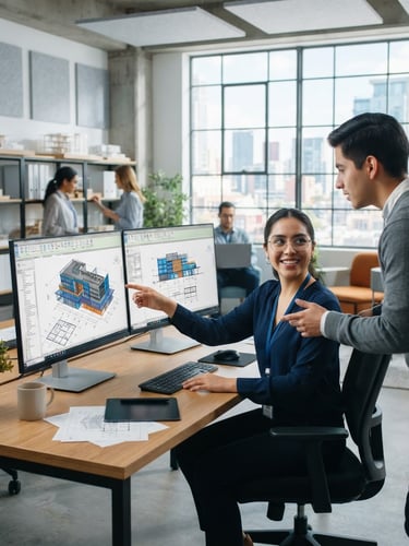 Crisp architectural photography, a young Mexican female engineer in a bright modern studio collaborating over a dual-monitor setup showing a complex Revit 3D model, clean technical blue and orange tones, sharp focus.