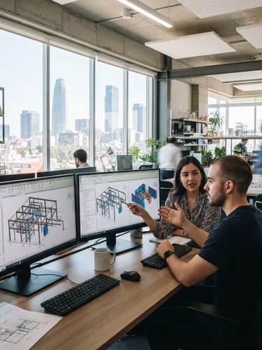 Crisp architectural photography of a bright, modern Mexico City engineering studio, young engineers collaborating over dual-monitor setups showing complex Revit models, natural daylight mixed with cool screen glows, sharp focus, 35mm lens