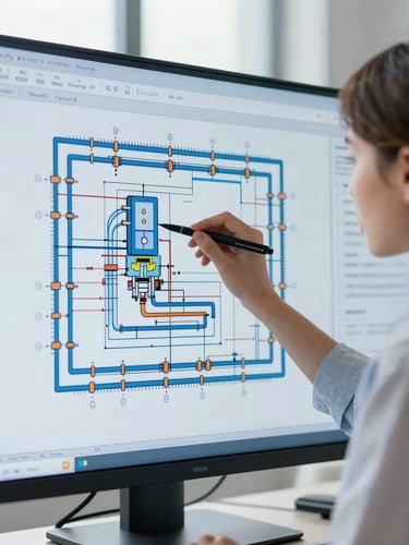 Crisp architectural photography of a young female engineer analyzing a complex MEP system layout on a large monitor, bright natural daylight, cool screen glow, technical blue tones.