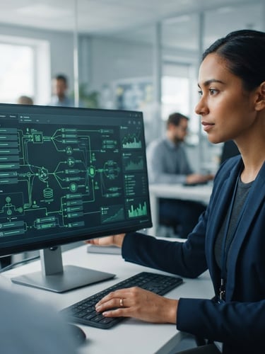 Employee working on a secure digital interface, focused and professional, in a modern office with bright neutral daylight. Close-up on screen showing structured data flow, with a security-green accent.