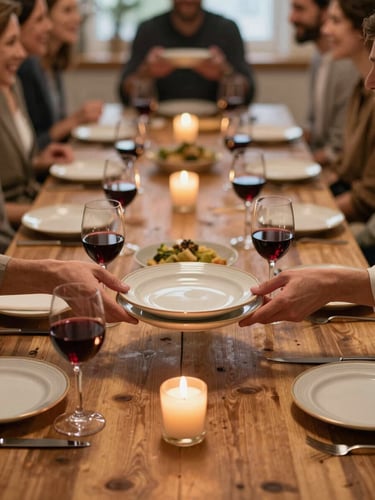 Close wide shot of a long wooden table mid-dinner, hands passing a ceramic dish, glasses of red wine, warm amber candlelight, worn tablecloth, laughter visible in blurred background figures
