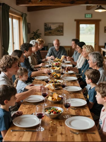 Wide shot of a full long dining table mid-meal inside the lodge, adults and children seated together, plates and wine glasses in motion, warm window light from the left, no faces as primary subject — hands passing bread, shoulders leaning in conversation, a lived-in room behind them