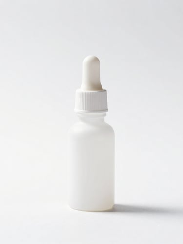 High-key studio photography of a single minimalist white glass pharmaceutical dropper bottle, sharp shadow, sterile white surface, macro focus