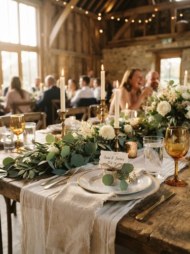 Warm editorial photography of a beautifully styled barn wedding table setting, wild eucalyptus, soft linen, glowing candlelight, golden hour natural light, shallow depth of field