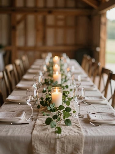 A long banquet table set inside a rustic timber barn, glowing candlelight reflecting off polished glassware, delicate green vines running down neutral linen runners, warm evening light, shallow depth of field.