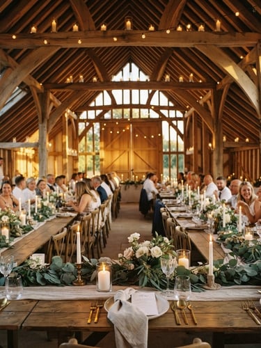 Warm editorial photography of a beautifully styled barn interior, high heritage timber rafters illuminated by glowing candlelight, long wooden tables adorned with wild eucalyptus and fine linen, golden hour natural light, 35mm