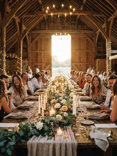 Warm candlelit long wooden table inside a rustic barn with high timber rafters, draped in soft linen and wild eucalyptus garlands, golden hour light filtering through open doors, editorial 35mm photography