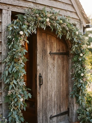 An elegant close-up of a rustic timber barn entrance framed by wild eucalyptus garlands in soft golden daylight, editorial style, 35mm.
