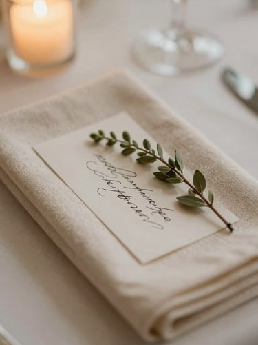 Close-up detail of a wedding table setting, textured cream linen napkin, delicate botanical sprig, handwritten calligraphy place card, warm candlelight, shallow depth of field, romantic.