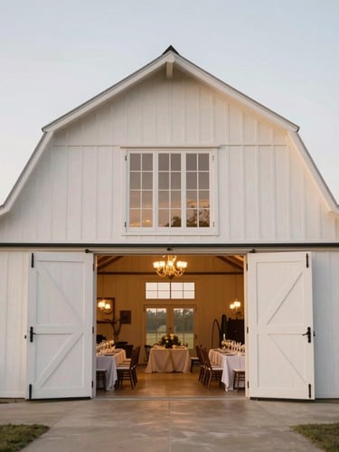 Wide environmental shot of a majestic timber barn at golden hour, elegant dinner tables visible inside through open double doors, warm inviting glow.