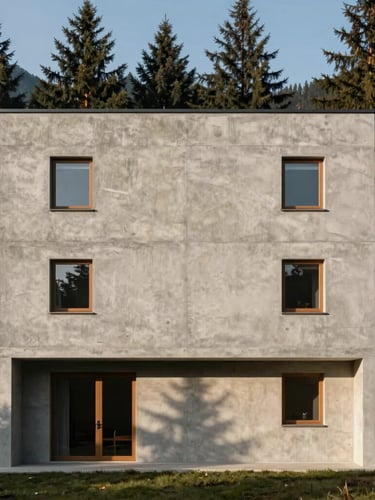 Straight-on architectural shot of a minimalist concrete hotel facade in the Bulgarian mountains, soft afternoon shadows, pine trees in background