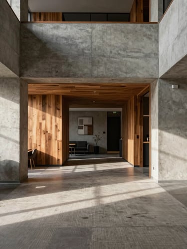 Straight-on architectural shot of a modern hotel interior in Bulgaria, raw concrete walls, warm timber accents, natural light casting long shadows on linen sheets