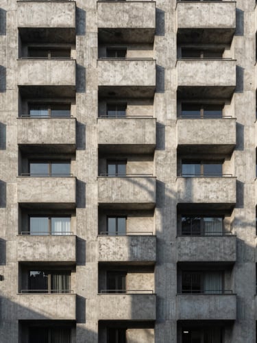 Straight-on architectural detail of a brutalist concrete hotel facade in Bulgaria, soft afternoon shadows casting geometric patterns, minimalist design, high contrast.
