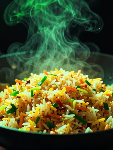 Vibrant close-up of steam rising from wok-tossed fried rice in mid-air, dramatic neon green backlighting, high-contrast matte black background, 35mm lens