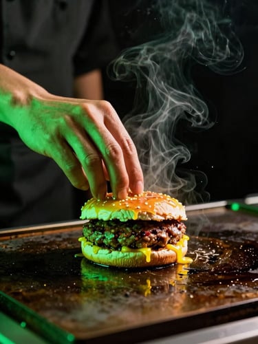 Close-up action shot of a chef pressing a smash burger on a piping hot flattop grill, glowing green neon highlights, steam rising, dramatic lighting