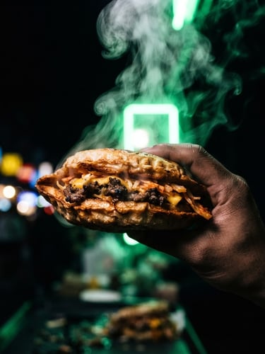 Dynamic close-up of steam rising from a fresh pressed UFO burger with glowing neon green backlighting, high-contrast matte black background