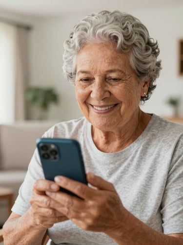 Medium close-up of a smiling Brazilian retiree holding a smartphone in a sunlit living room, warm editorial photography, shallow depth of field, 35mm