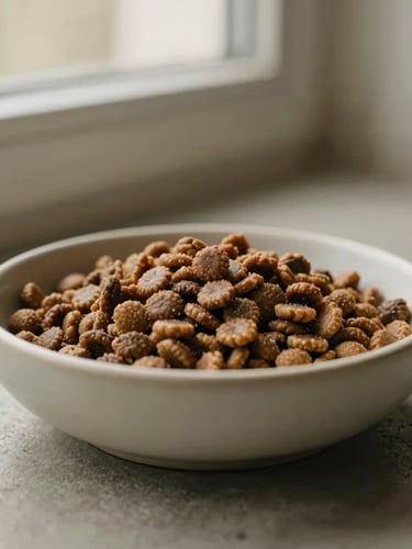 Close-up of premium kibble texture in a minimalist ceramic bowl on a concrete floor, warm natural window light, shallow depth of field, Aesop style