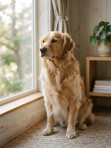 Warm minimalist portrait of a healthy Golden Retriever sitting calmly by a sunlit window, soft natural light, shallow depth of field, 35mm