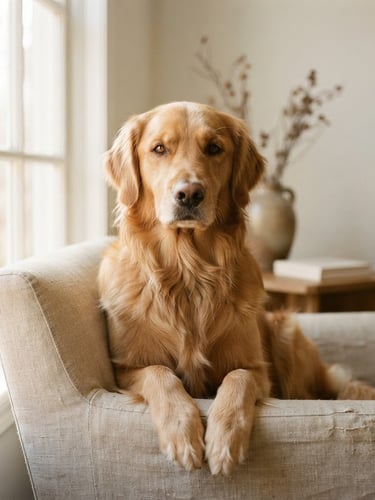 Close-up of a healthy, calm Golden Retriever sitting in a sunlit, minimalist living room, soft natural window light, muted earthy tones, shallow depth of field, editorial 35mm photography.