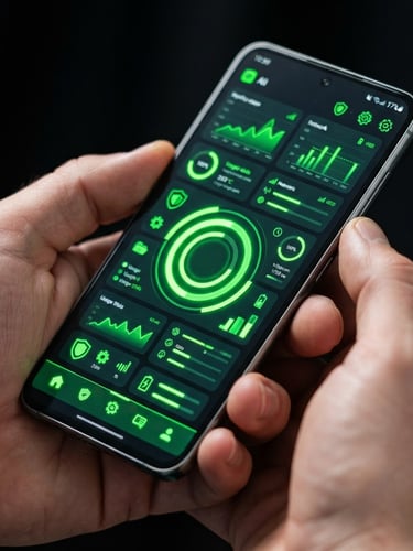 Macro close-up of a modern Android smartphone displaying a clean, vibrant utility app interface, held by hands, bright studio light, neon green accents on screen.