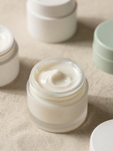 Overhead flat lay of clean skincare jars on organic linen, soft shadows, warm neutral tones