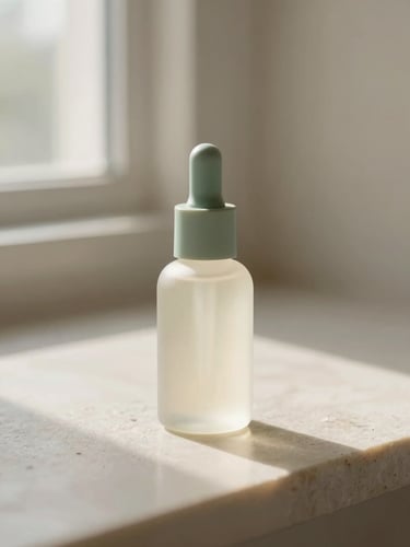 Minimalist beauty bottle on a smooth stone surface, soft natural window light, warm alabaster and muted sage tones, macro depth of field