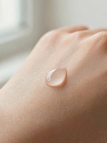 Macro close-up of a single clean serum droplet on unretouched skin showing natural texture, soft morning side light
