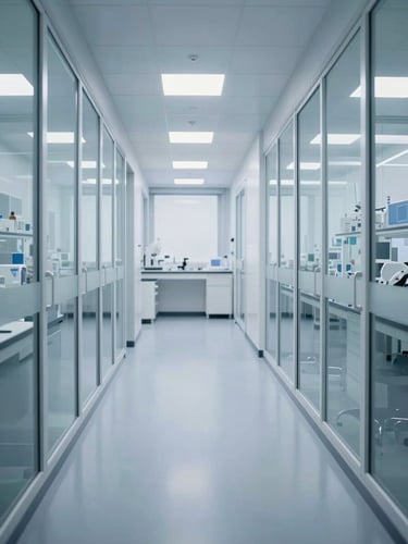 An empty, pristine modern laboratory corridor with glass walls, reflecting cool overcast daylight, emphasizing architectural depth and scientific precision.