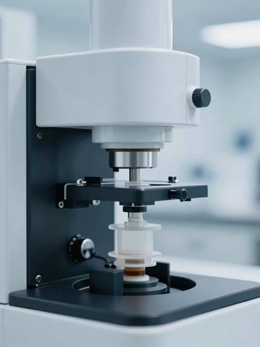 Macro close-up of high-end scientific chromatography apparatus in a quiet, cool-toned laboratory, soft overcast daylight, sharp focus.