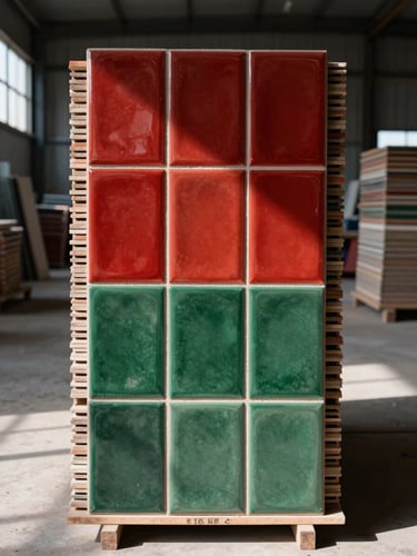 Straight-on architectural shot of stacked premium ceramic tiles in a clean, industrial factory setting, sharp shadows, high-contrast daylight, 35mm
