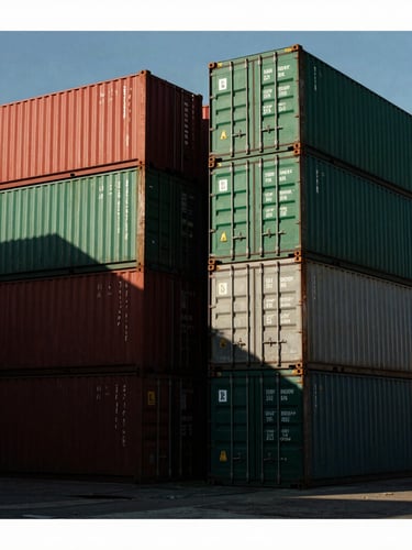 Wide-angle industrial shot of stacked shipping containers at a Mediterranean port, dramatic morning sunlight, high-contrast shadows, 35mm