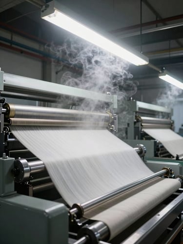 High-contrast industrial interior, fabric moving rapidly through a massive stenter frame under bright overhead lights, steam rising, metallic surfaces.