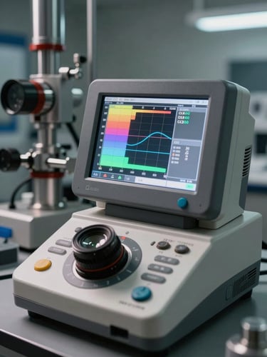 Close-up of a digital spectrophotometer screen displaying color calibration curves, high-contrast industrial laboratory lighting, metallic instruments.