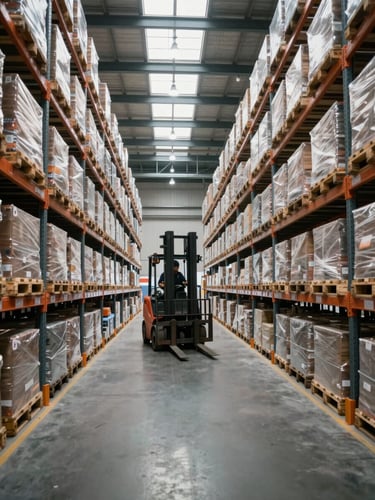 Close environmental shot inside a large logistics warehouse, palletised freight on heavy racking stretching into the distance under industrial strip lighting, a forklift operator visible mid-frame moving a pallet, overcast daylight filtering through high clerestory windows