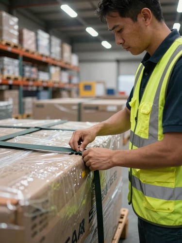 Close-up of a freight worker in high-visibility vest securing cargo straps on a loaded pallet inside a warehouse, overhead industrial lighting, rows of racked goods visible in the background, sharp documentary framing