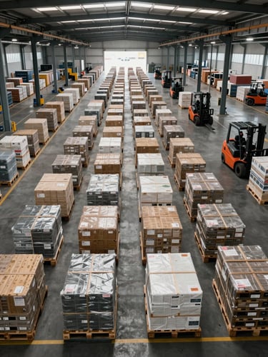 Overhead wide shot of a logistics sorting facility at an international freight hub, palletised cargo arranged in organised rows on a warehouse floor, natural overcast light through skylights, forklifts visible mid-distance, precise industrial order