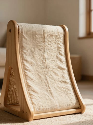 Close-up of a modern wooden cat scratcher with premium linen fabric in a sunlit Mexican living room, warm tones, architectural lines, shallow depth of field, 35mm