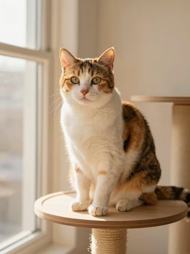 A beautiful calico cat sitting elegantly on a minimalist wooden cat tree, warm golden-hour window light, soft pastel cream background, editorial photography, 35mm