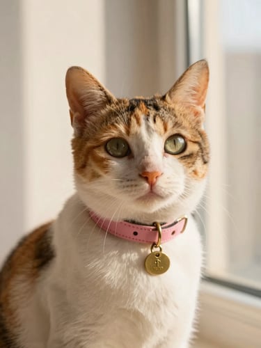 A close-up of a beautiful calico cat wearing a custom pink leather collar with a small brass nameplate, soft golden-hour window light, warm editorial style, 35mm