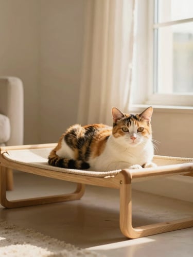 A beautiful calico cat resting on a premium minimalist wooden cat bed, warm golden hour window light, modern Mexican living room context, soft shadows, 35mm photography