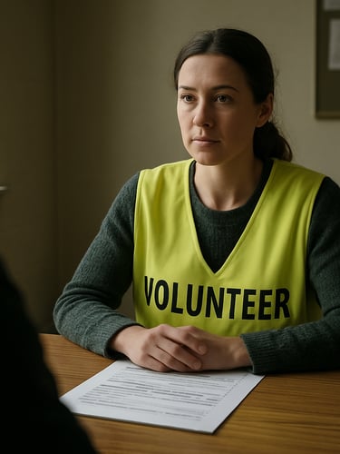 Documentary wide shot, a female volunteer agent in official identification vest seated across from an unseen person at a community support desk, official documents on the table, natural window light from the left, institutional environment, no faces of clients visible